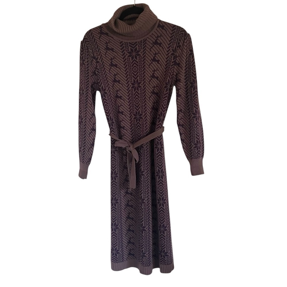 Outlander Brown Wool Blend Tie Waist Turtleneck Reindeer Snowflake Dress Medium